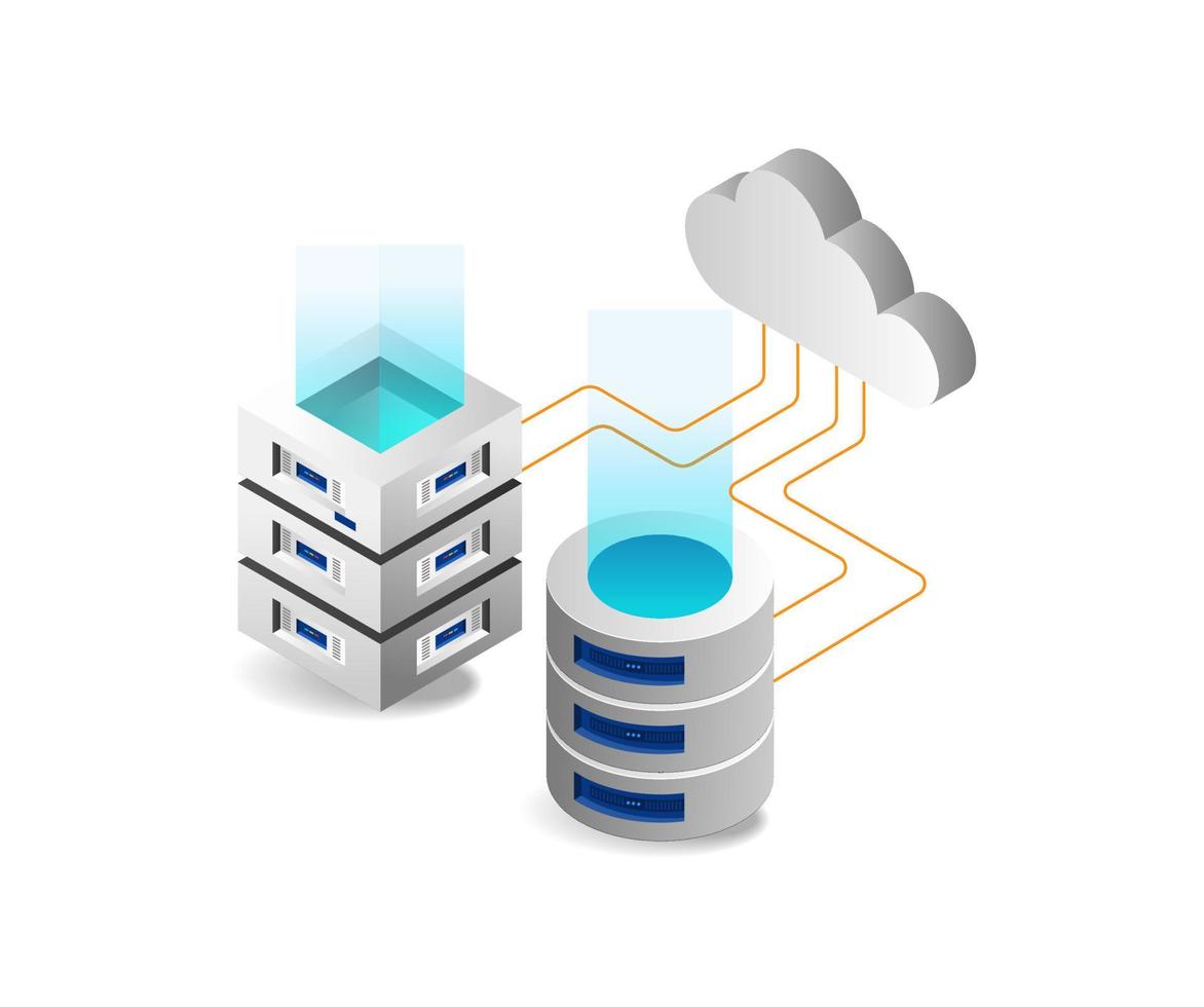 isometrische vlak 3d illustratie concept van databank opslagruimte netwerk en wolk server vector