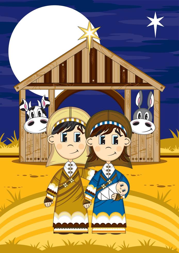 tekenfilm Maria en Joseph met baby Jezus Bij stal illustratie vector