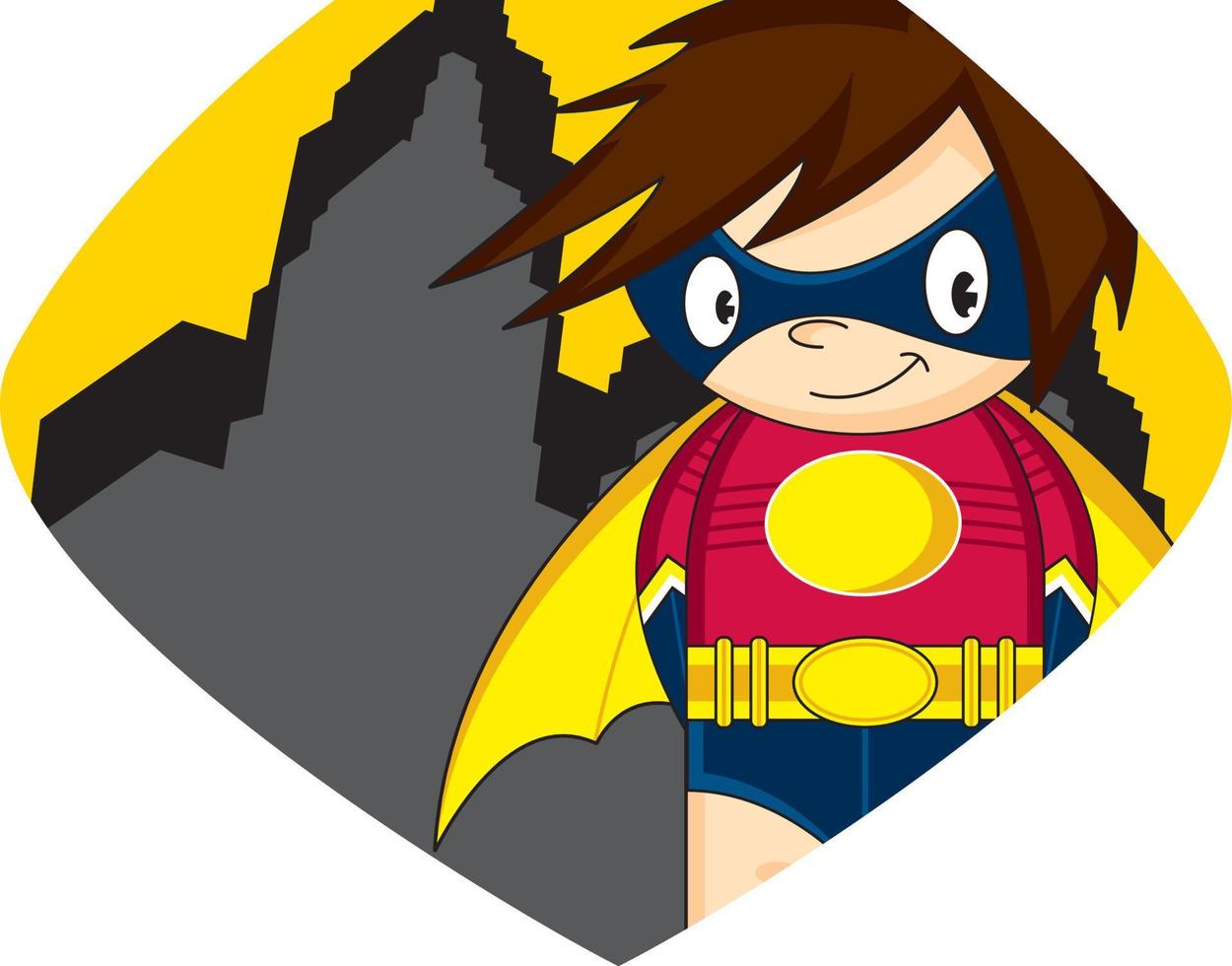 tekenfilm heroïsch superheld karakter en wolkenkrabbers in schild vector