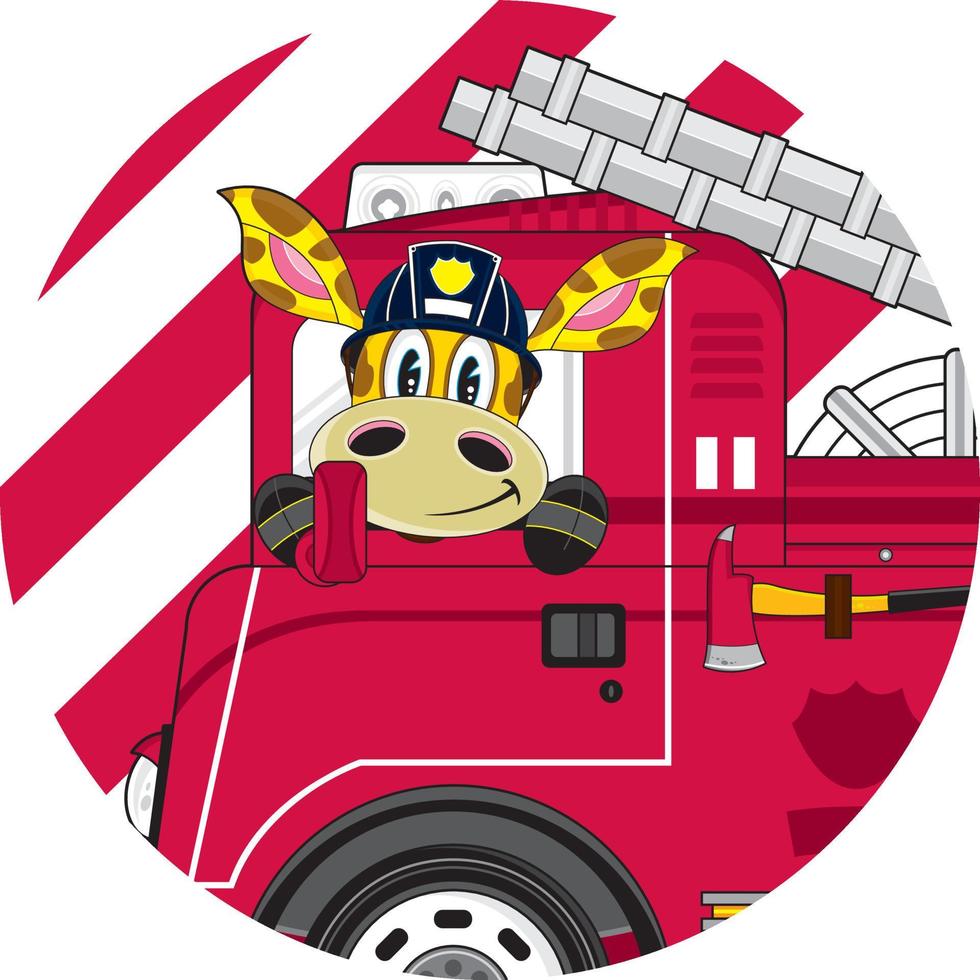 schattig tekenfilm giraffe brandweerman en brand motor vector