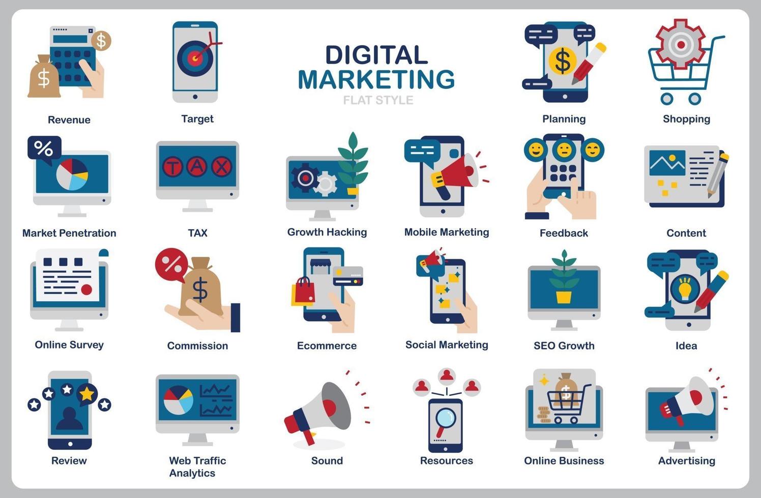 digitale marketing icon set voor website, document, posterontwerp, afdrukken, toepassing. digitale marketing concept pictogram vlakke stijl. vector