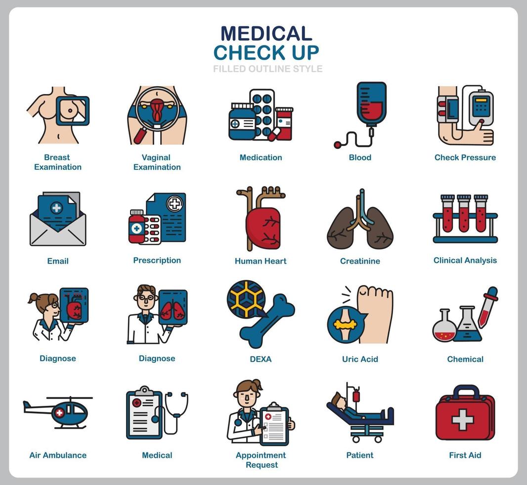 medische check-up icon set voor website, document, posterontwerp, afdrukken, toepassing. gezondheidszorg concept pictogram gevuld overzichtsstijl. vector