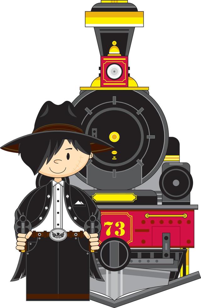 schattig tekenfilm wild west cowboy revolverheld met stoom- trein vector