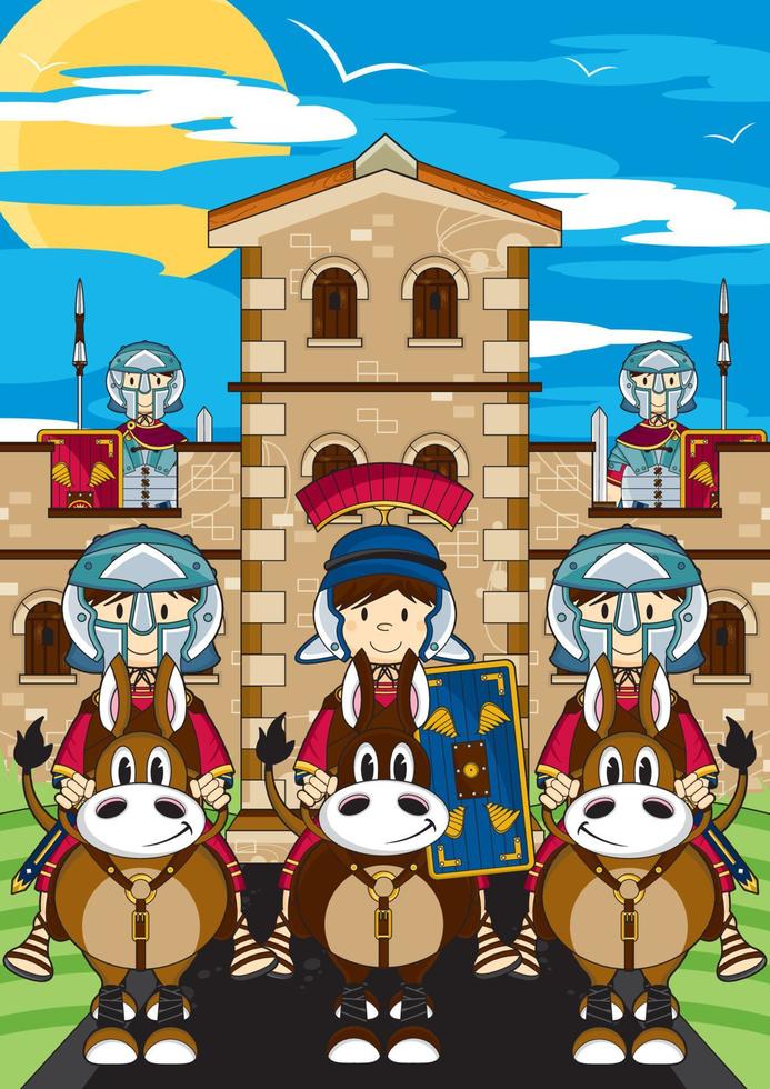 schattig tekenfilm Romeins soldaten Bij fort geschiedenis illustratie vector