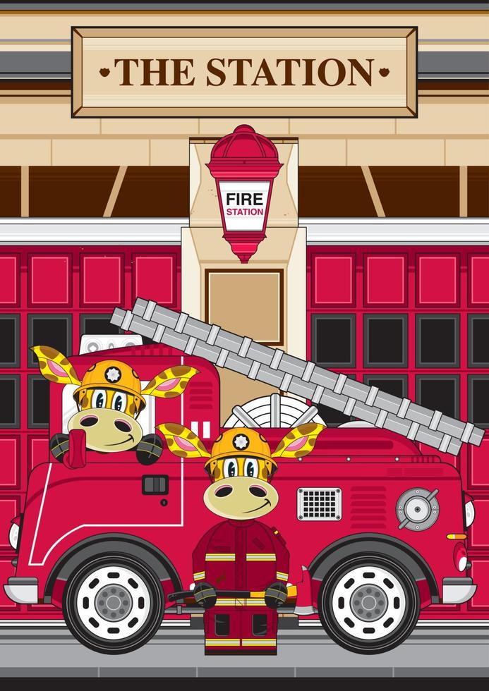 tekenfilm giraffe brandweer en brand motor Bij station vector