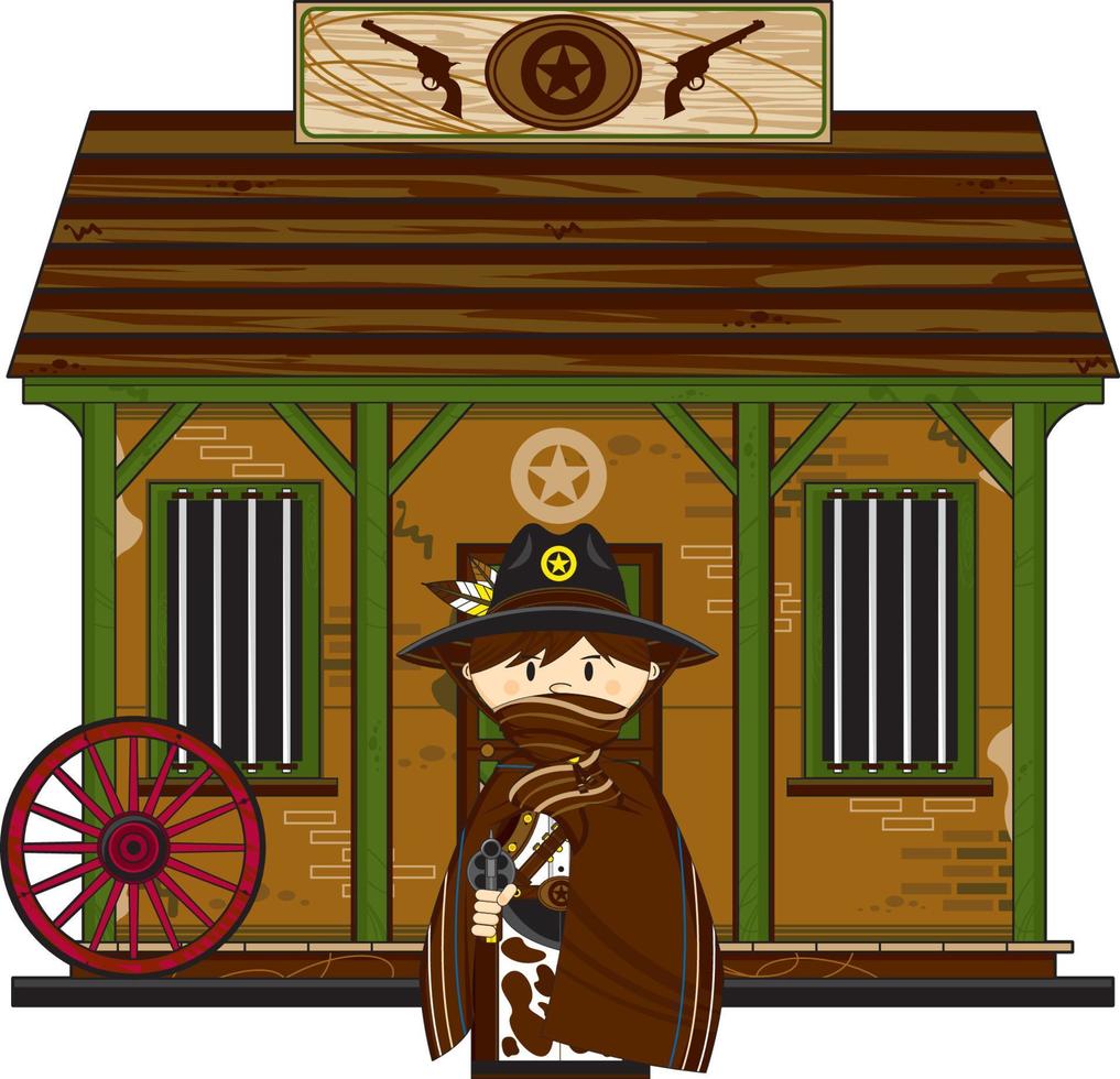 schattig tekenfilm wild west cowboy sheriff Bij de gevangenis vector