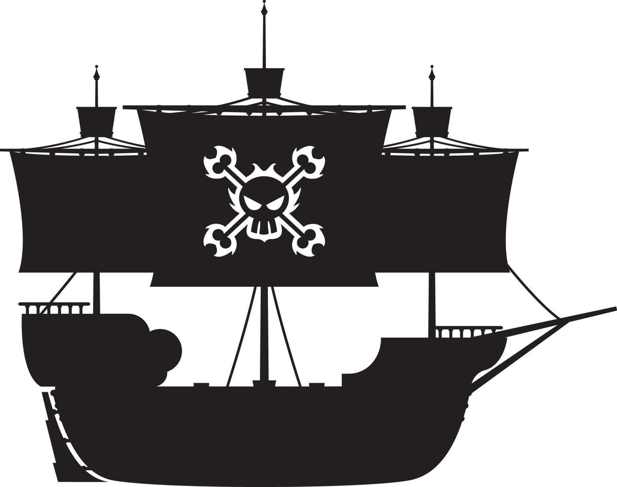 piraat schip in silhouet met schedel en gekruiste beenderen vector