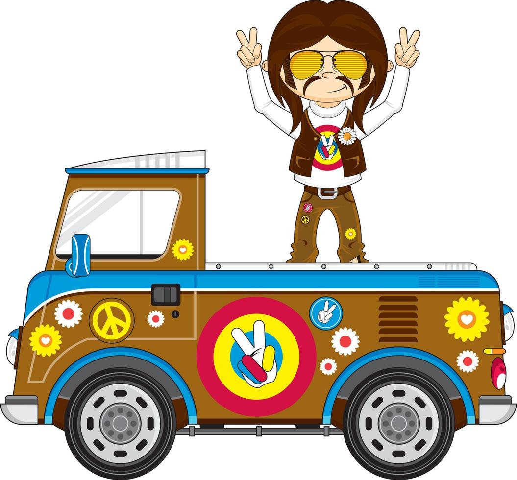 tekenfilm de zestiger jaren hippie karakter met camper busje vector