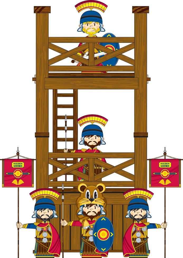 schattig tekenfilm Romeins soldaten Bij toren fort geschiedenis illustratie vector