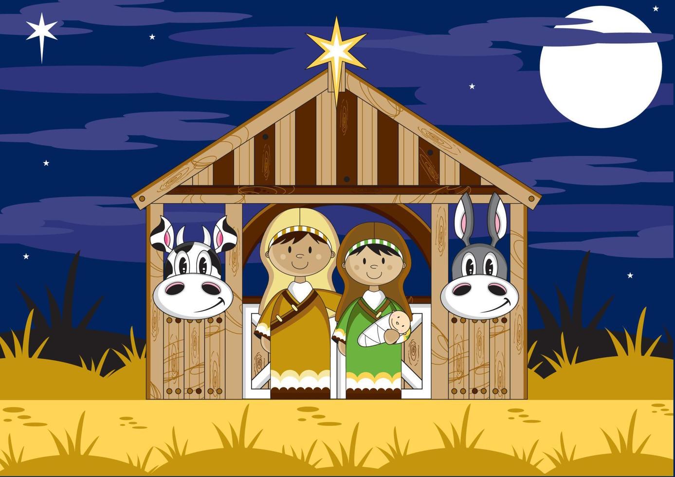 tekenfilm Maria en Joseph met baby Jezus Bij stal illustratie vector