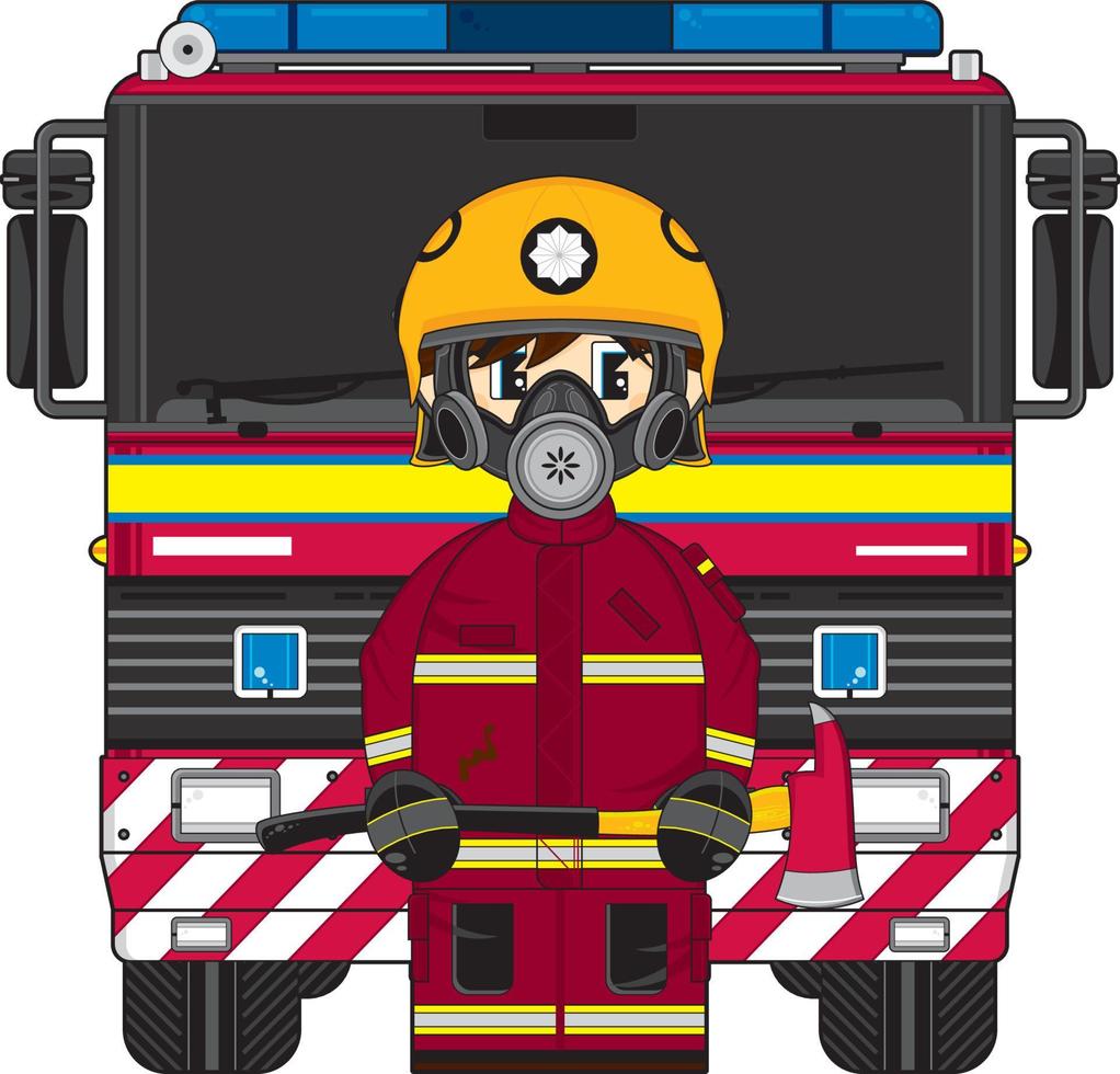 schattig uk tekenfilm brandweerman en brand motor vector