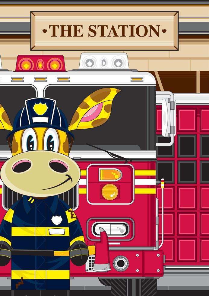 schattig tekenfilm giraffe brandweerman en brand motor vector