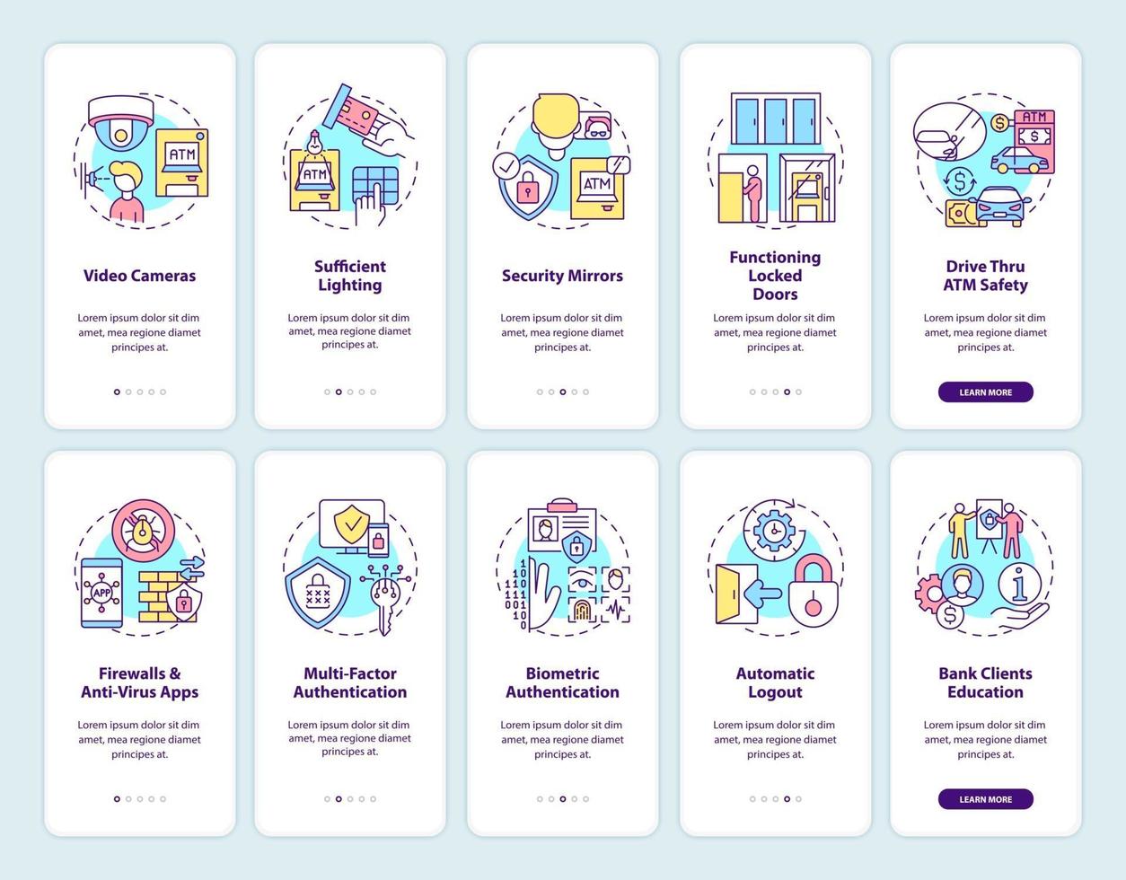 bankbeveiliging onboarding mobiele app-paginascherm met ingestelde concepten vector