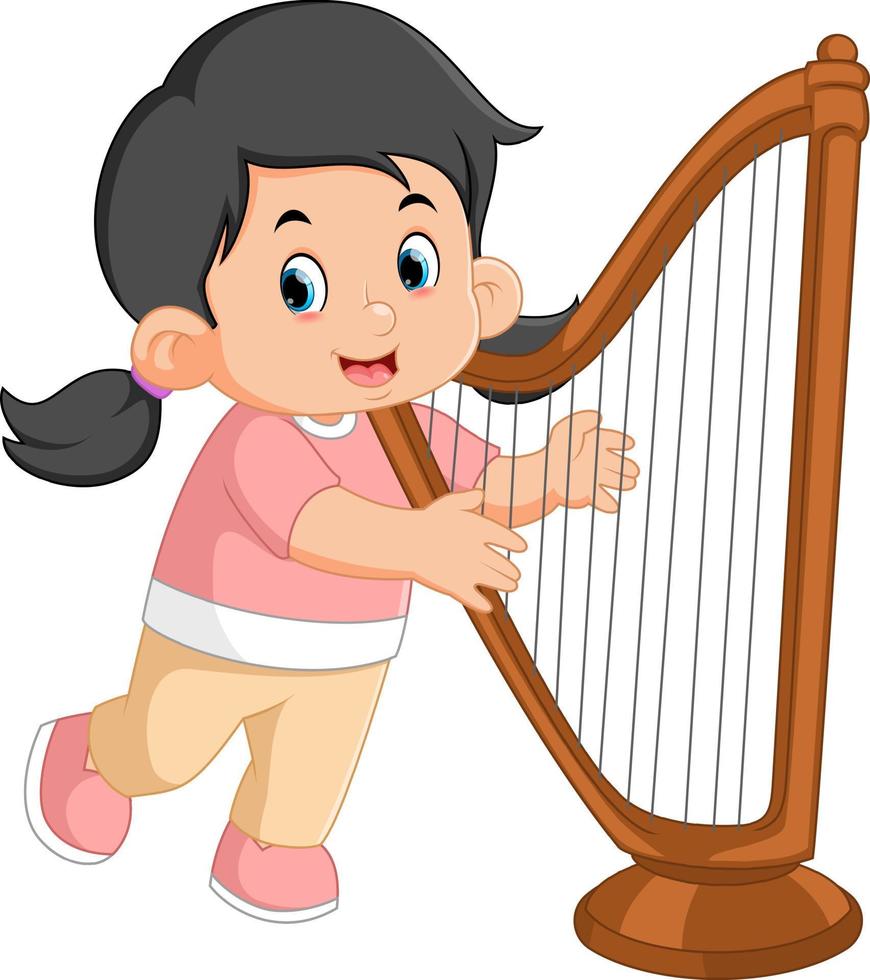 een schattig en grappig meisje is aan het leren de harp instrument vector