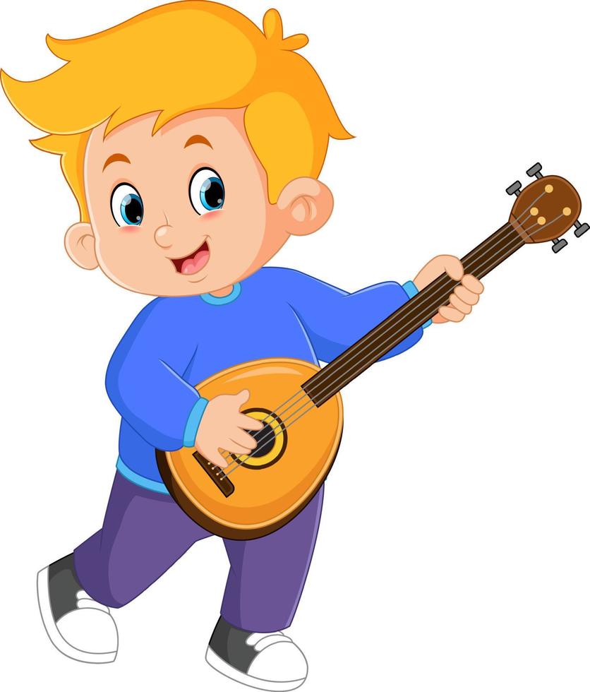 een schattig jongen dansen en spelen een mandoline instrument vector