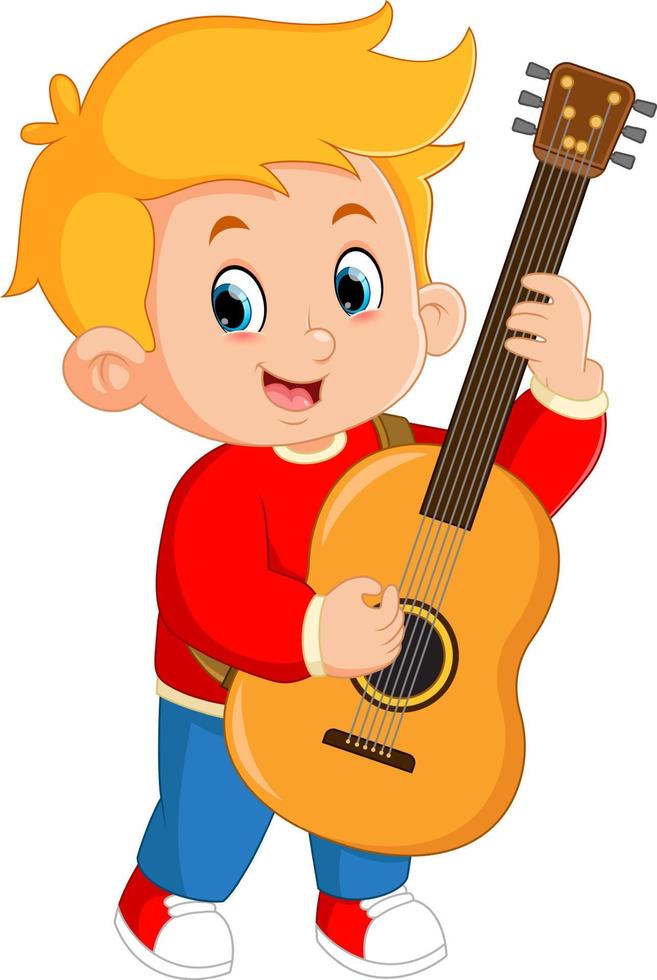 een schattig jongen leert naar spelen gitaar en het zingen vector