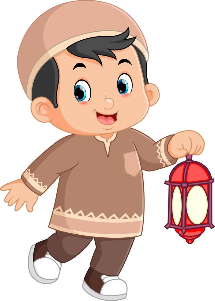 een glimlachen moslim jongen wandelen de straten en draag- een klein lantaarn vector