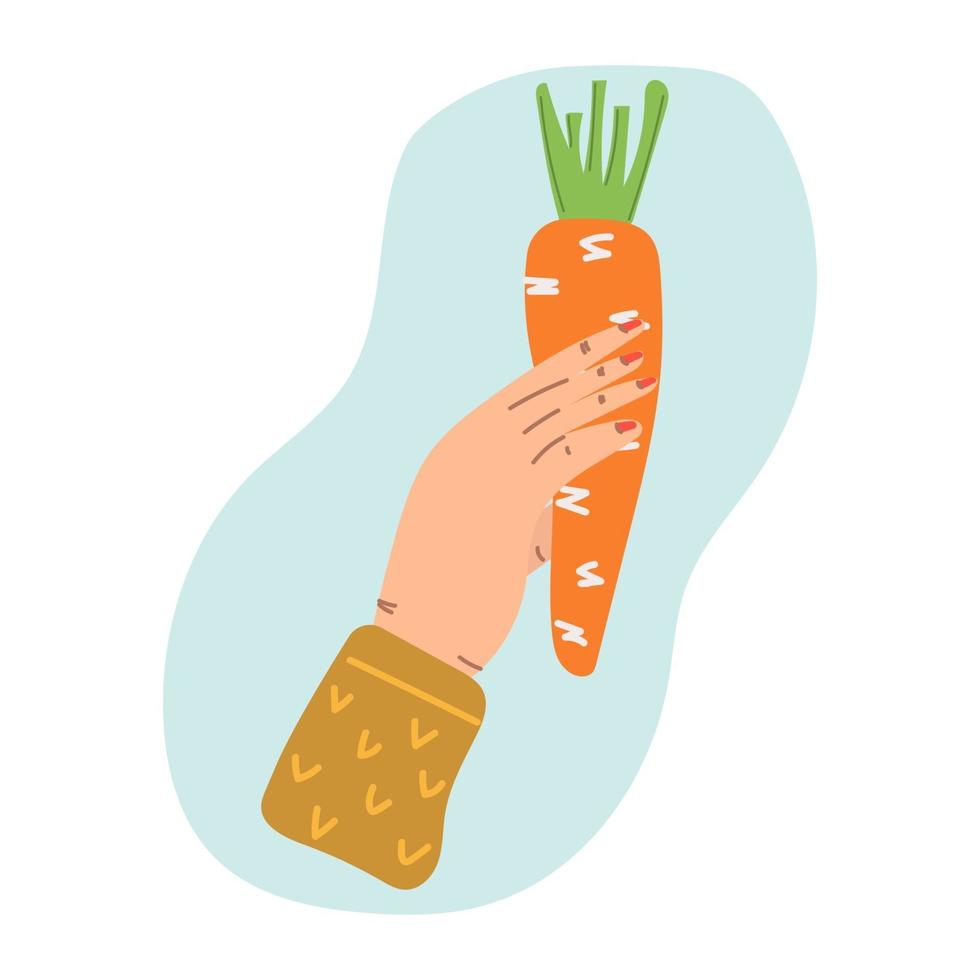 hand met wortel. hou van groenten, veganistisch, oogstconcept. plat getekende illustratie. gal vector