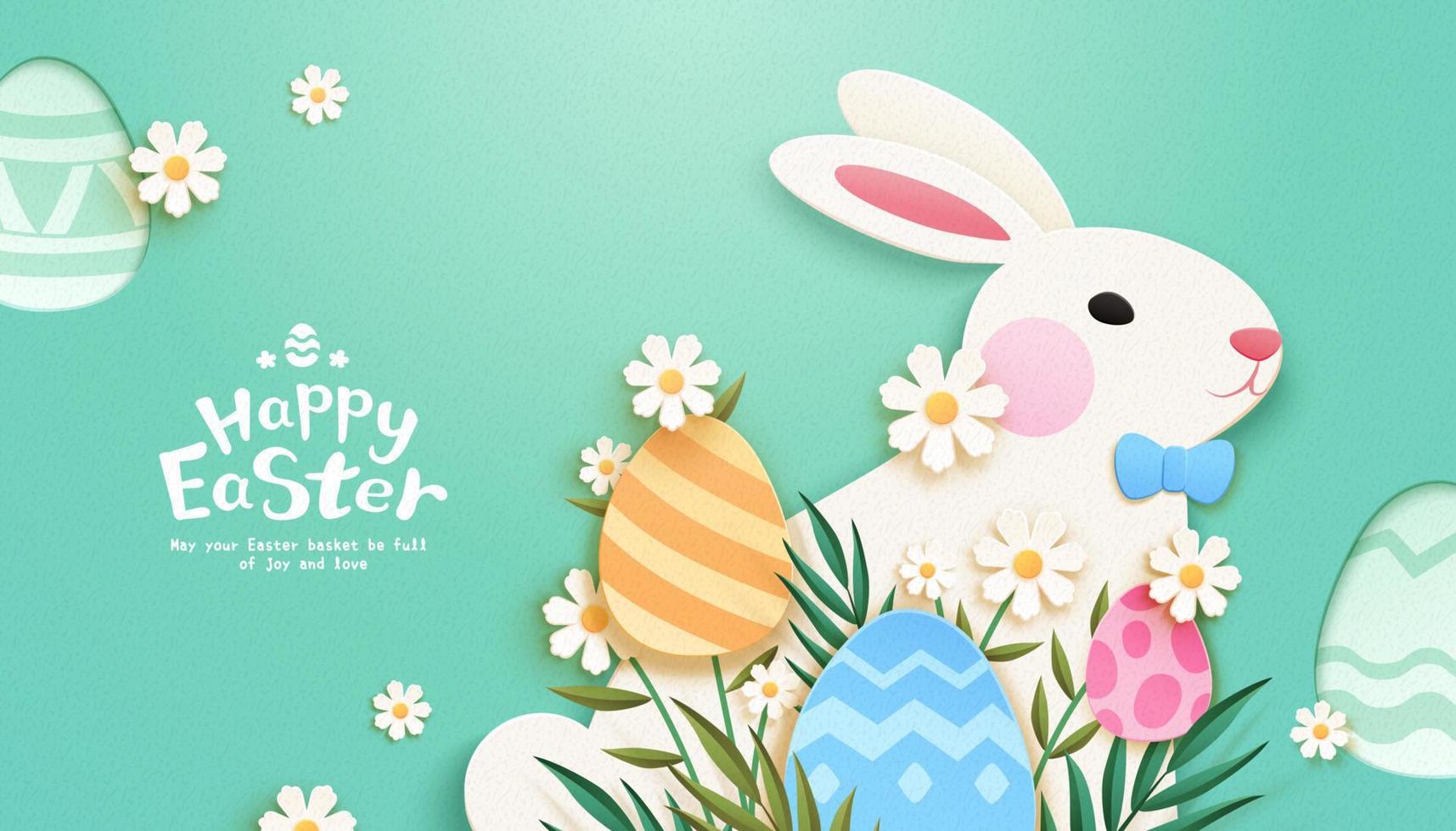 gelukkig Pasen konijn achtergrond in papier besnoeiing ontwerp. schattig konijn versierd met bladeren, bloemen en geschilderd ei ornamenten. vector