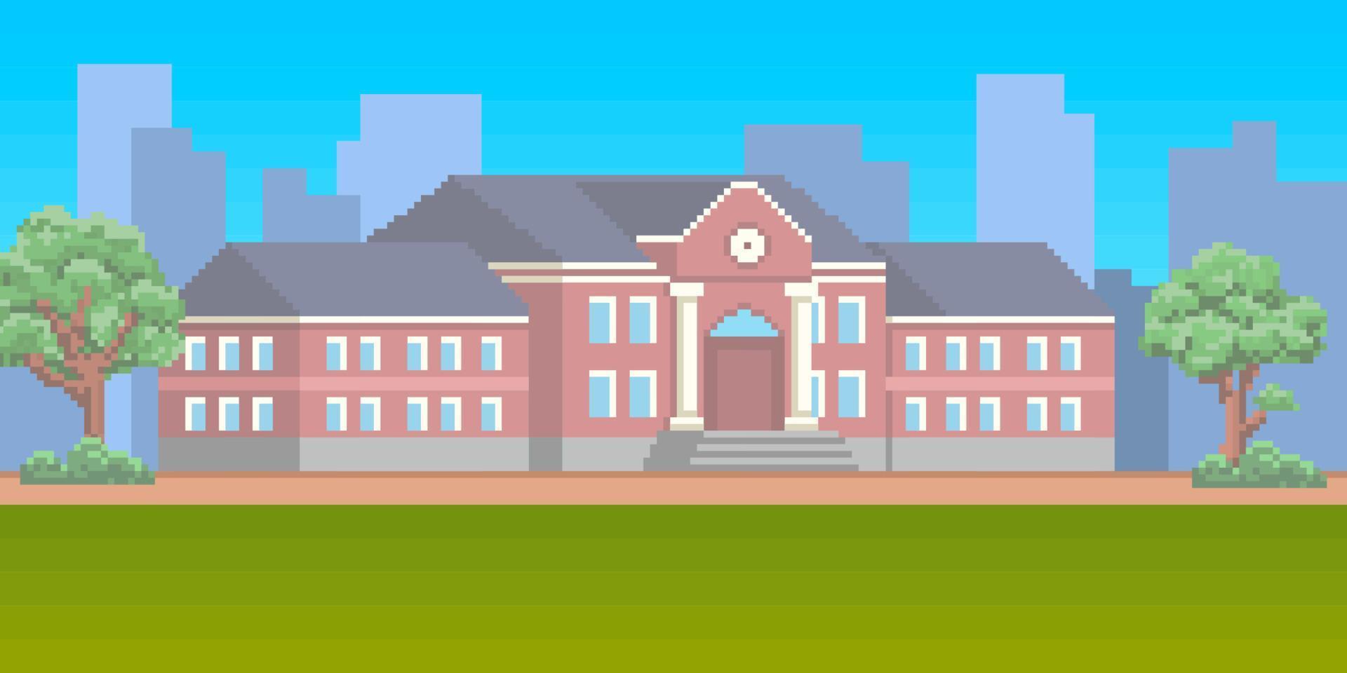 8 bit pixel kunst school- gebouw met groen gazon in voorkant. campus achtergrond voor video spel instelling vector