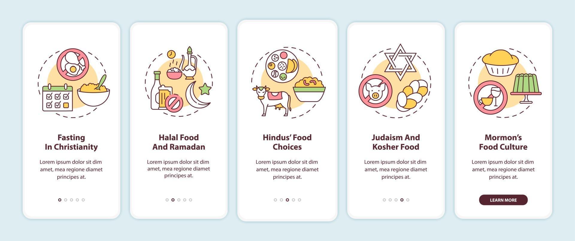 voedselkeuzes in verschillende religies onboarding mobiele app-paginascherm met concepten vector