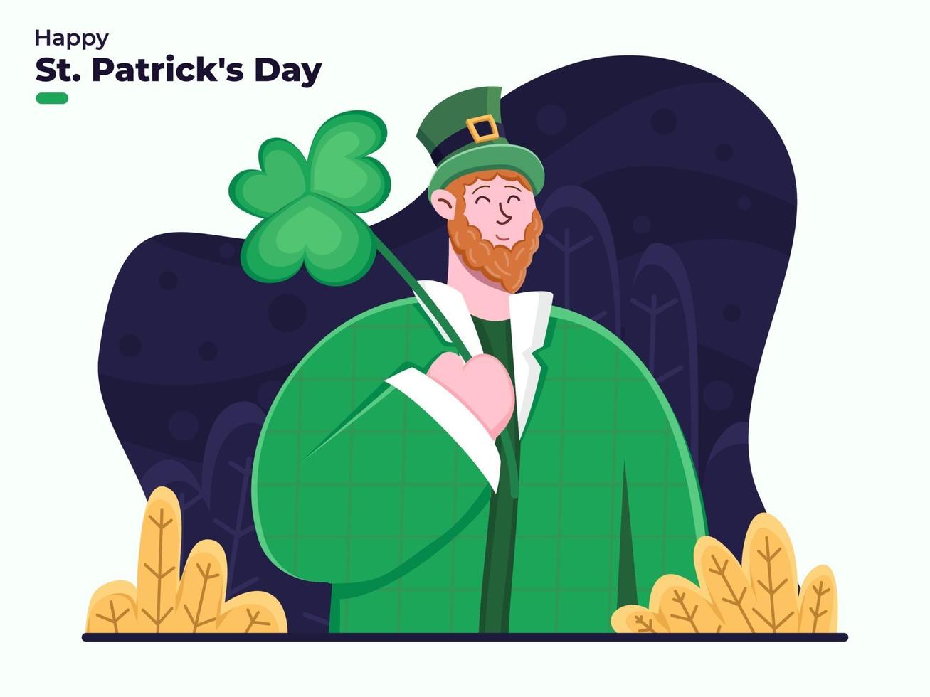 st patrick's day met persoon die kabouterkostuum draagt en klaver of klaverblad brengt. vlakke afbeelding van de viering van de dag van saint patrick. geschikt voor wenskaart, banner, uitnodiging. vector