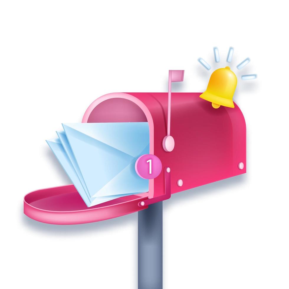 vector roze mailbox 3d kennisgeving illustratie, nieuwsbrief, enveloppen, nummer één, bel geïsoleerd op wit. e-mail, briefbezorging post bedrijfsconcept. open nieuwsbrief mailbox internet web logo