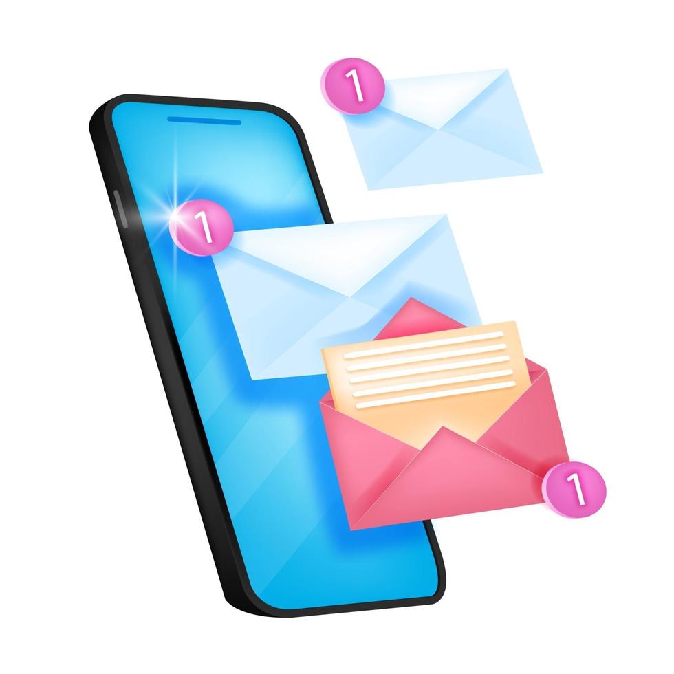 vector nieuw bericht meldingspictogram, e-mailwaarschuwing, chatbericht illustratie met smartphonescherm. geïsoleerde mobiele herinnering webconcept, enveloppen, nummer één. online bericht push-notificatie logo