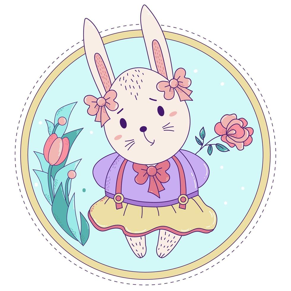 schattig konijn. paashaasmeisje met strikken en in een rok met een roos op een decoratieve bloemenachtergrond. vector illustratie. happy easter wenskaart, verjaardag, voor print en design