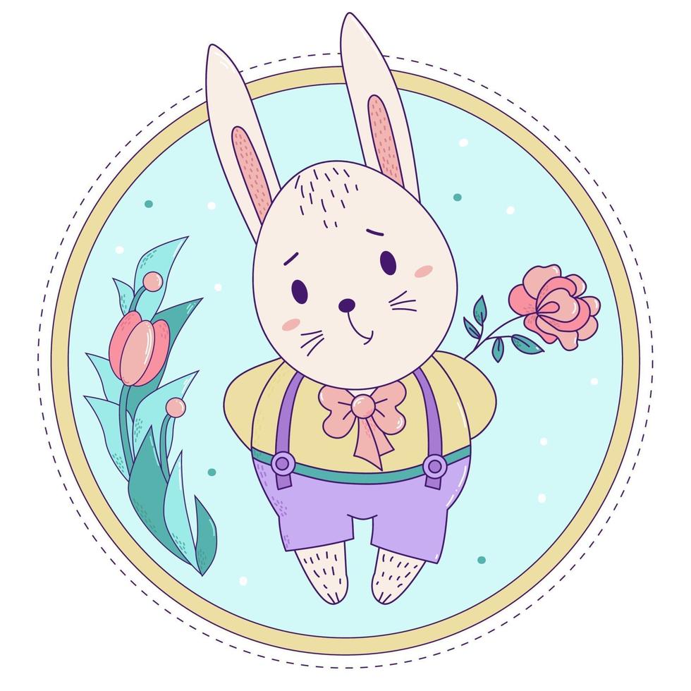 schattig konijn. paashaasjongen in broek op bretels met een roos op een decoratieve bloemenachtergrond. vector. voor wenskaarten met Pasen en verjaardag, ontwerp en decoratie, bedrukking en decoratie vector