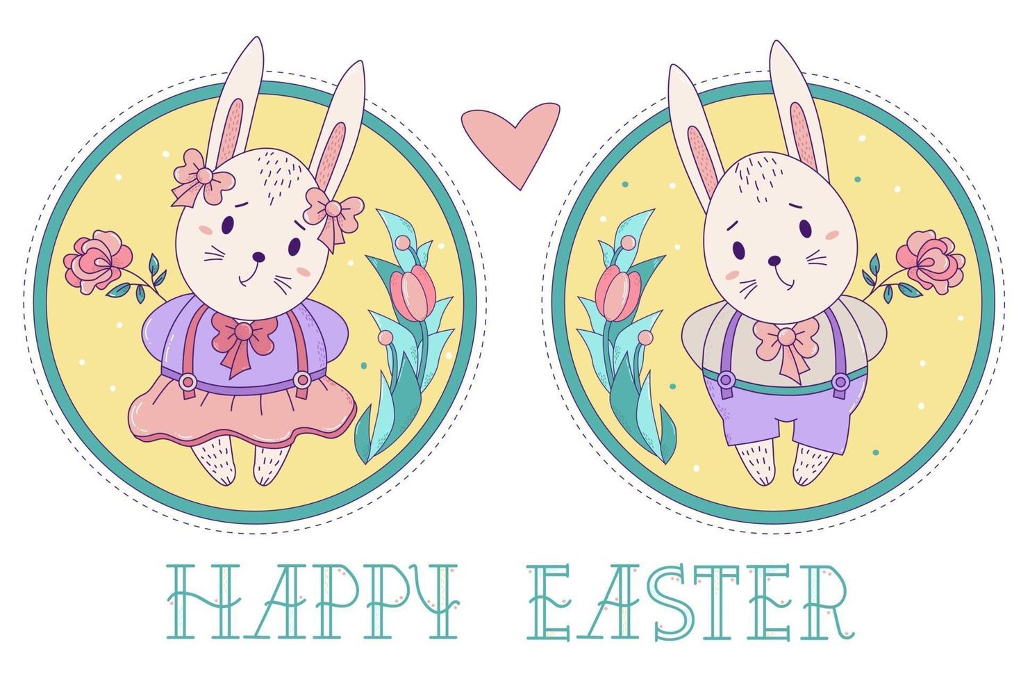een paar schattige konijnen. paashaasmeisje in een rok en een jongen in korte broek met een roos op een decoratieve ronde achtergrond met een boeket bloemen. vector illustratie. gelukkige pasen-wenskaart