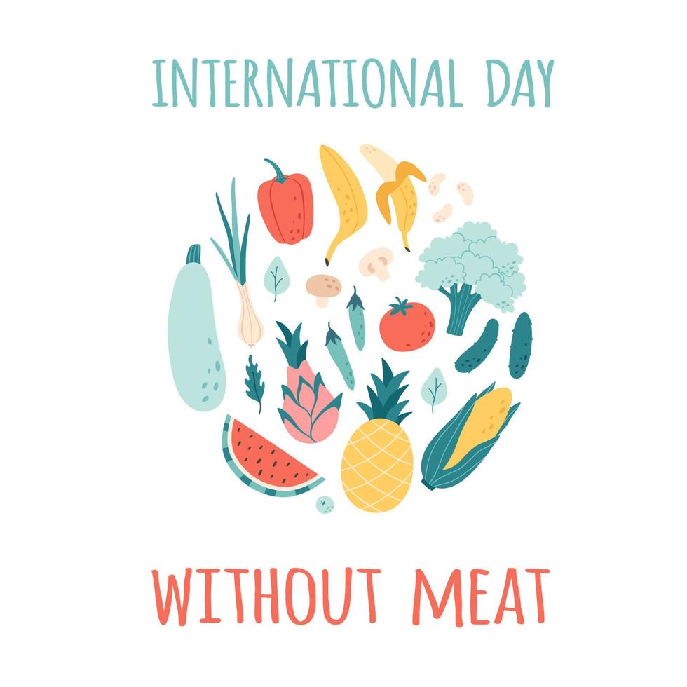 Internationale dag zonder vlees. groenten en vruchten. gezond voedsel. vector