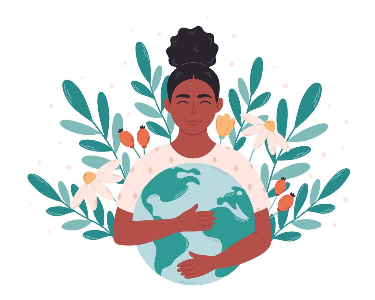 zwart vrouw knuffelen aarde wereldbol. aarde dag, besparing planeet, natuur beschermen, ecologisch bewustzijn. vector
