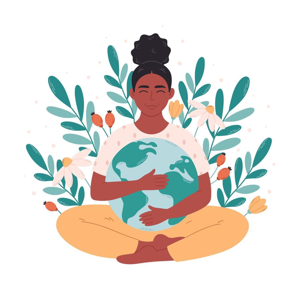 zwart vrouw knuffelen aarde wereldbol. aarde dag, besparing planeet, natuur beschermen, ecologisch bewustzijn. vector