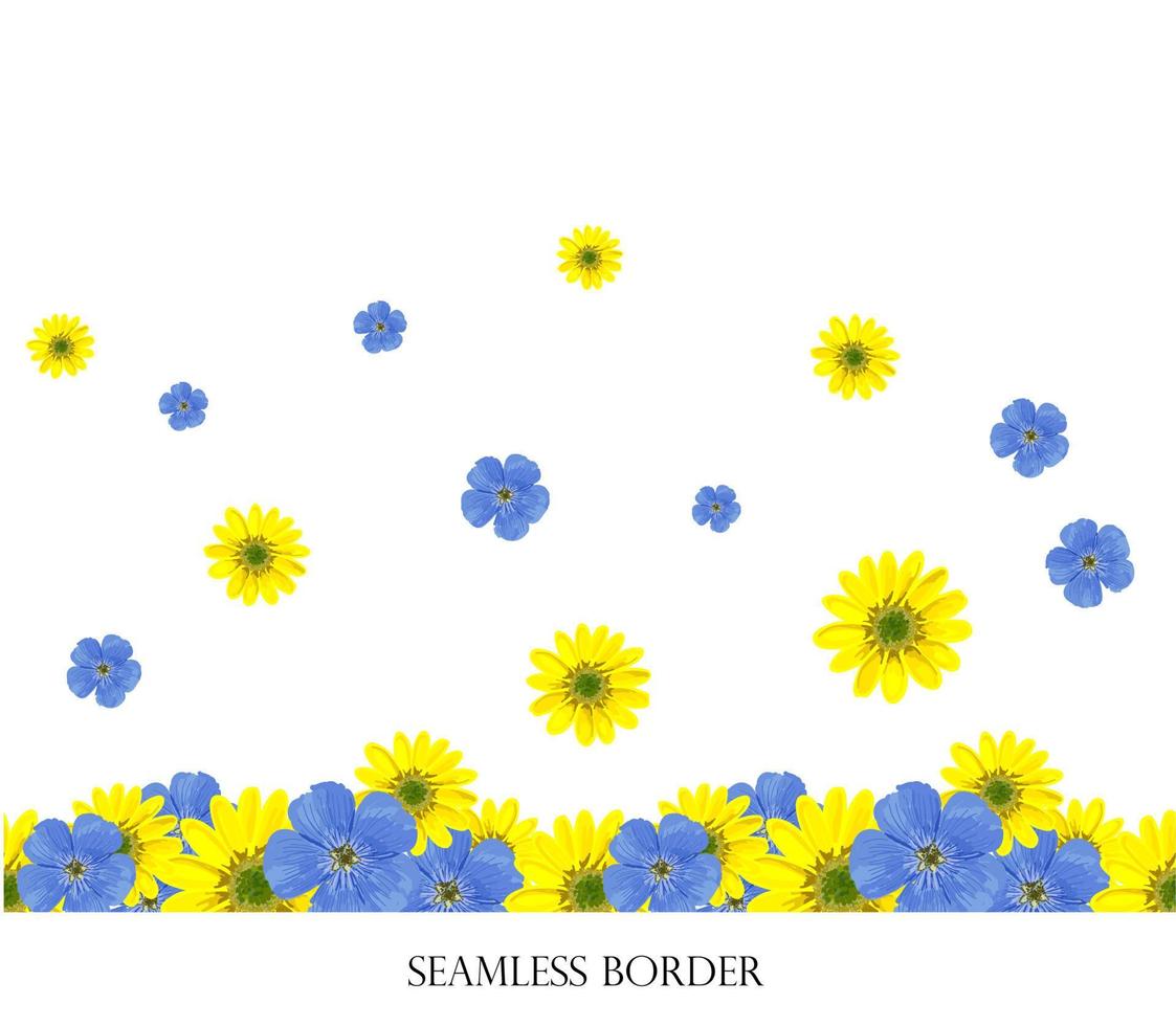 bloemen naadloos vector grens. herhalen patroon. footer geel en blauw bloemen. voorjaar kader