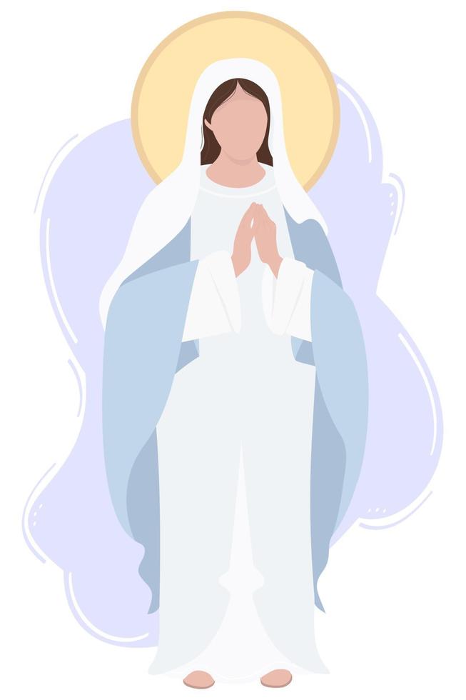 heilige mary moeder van god of moeder van god. Maagd Maria in een blauwe maforia bidt gedwee. vectorillustratie voor christelijke en katholieke gemeenschappen, ontwerp, decoratie van religieuze feestdagen en geschiedenis vector