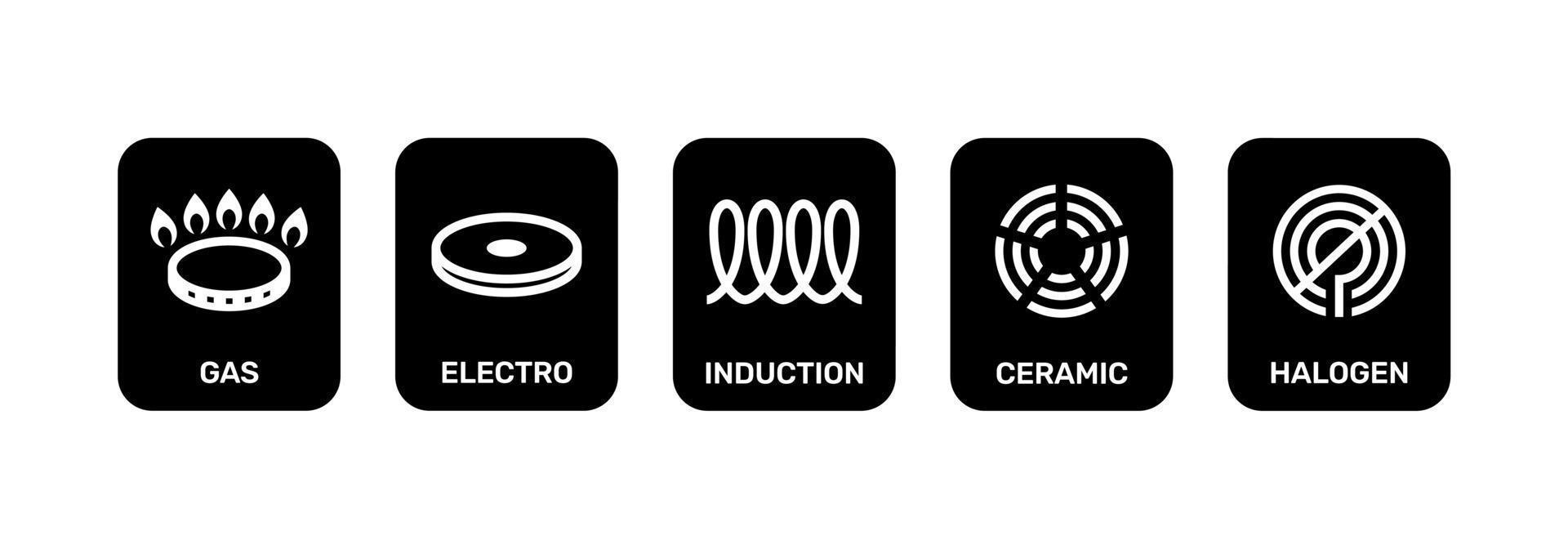 zwart icoon reeks elektro, gas, inductie, keramisch en halogeen koken.eps vector