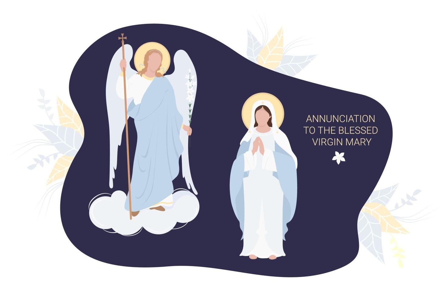 aankondiging aan de heilige maagd mary. de maagd Maria in een blauwe maforia bidt gedwee en de aartsengel Gabriël met een lelie. vector. voor christelijke en katholieke gemeenschappen, ansichtkaart religieuze feestdag vector