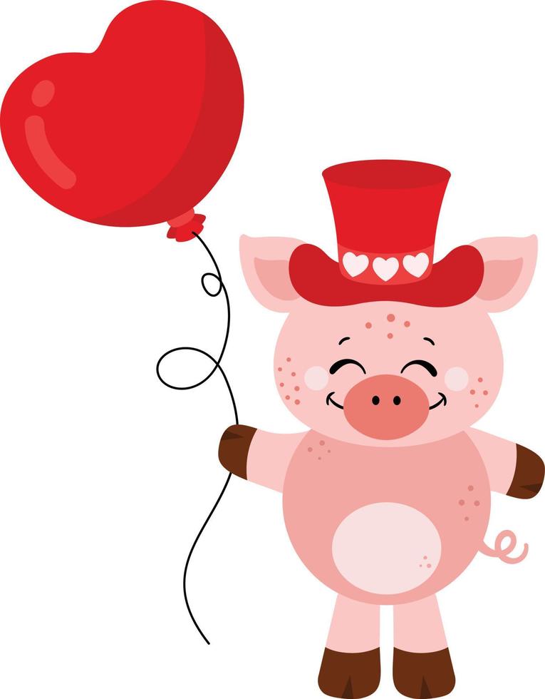 schattig varken met rood hoed Holding een hart ballon vector