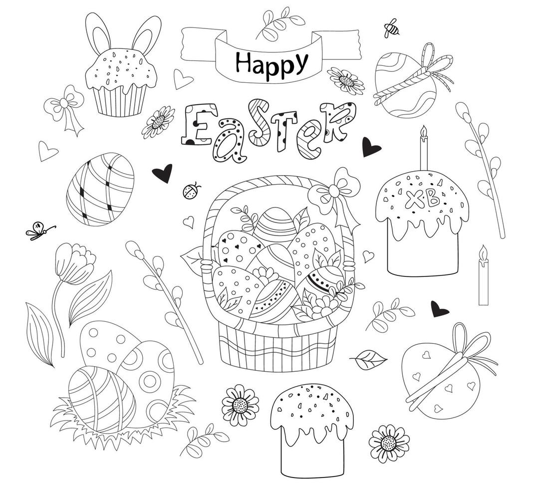 set van Pasen doodles - mand met paaseieren, cupcake, paashaas, bloemen en bladeren, wilg en tulpen, feestelijk decor. vector. lijn, overzicht. schattig decor voor Pasen-ontwerp, print, ansichtkaarten vector