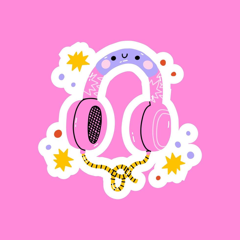 hand- getrokken schattig tekenfilm illustratie van draad koptelefoon. vlak vector koptelefoon kawaii sticker in gemakkelijk gekleurde tekening stijl. muziek- apparaat icoon of afdrukken. geïsoleerd Aan wit achtergrond.