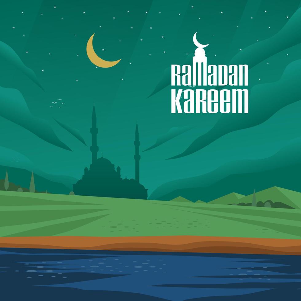 Ramadan kareem groet dorp met moskee in de nacht vector illustratie