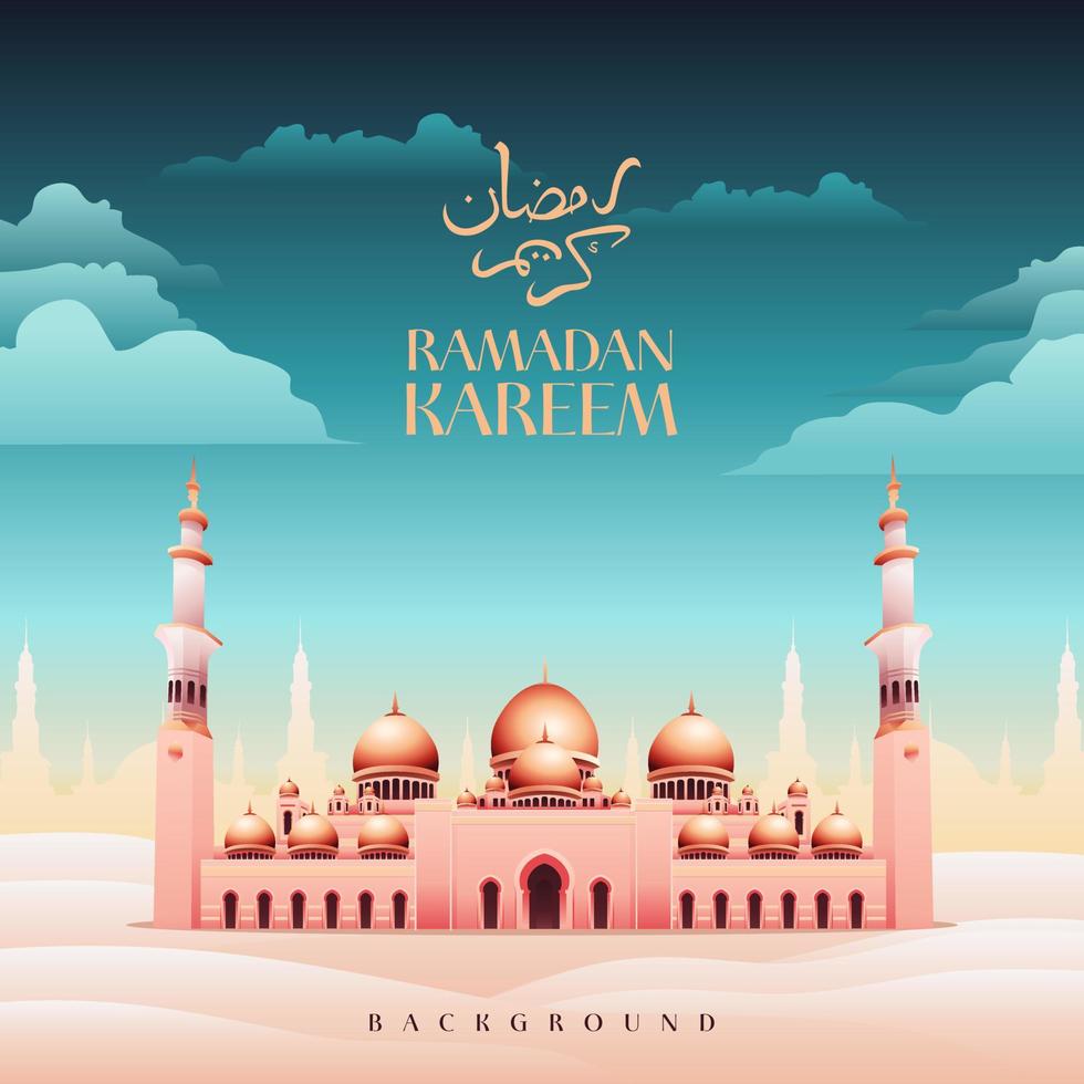 Ramadan kareem in arabisch tekst realistisch moskee vector illustratie goud blauw kleur