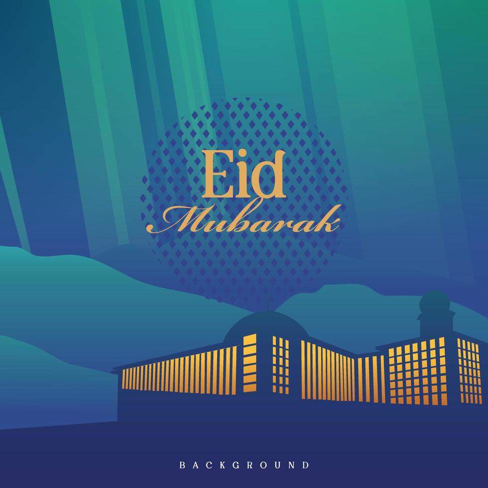 eid mubarak moskee onder de nacht gemakkelijk vector illustratie blauw groen kleur