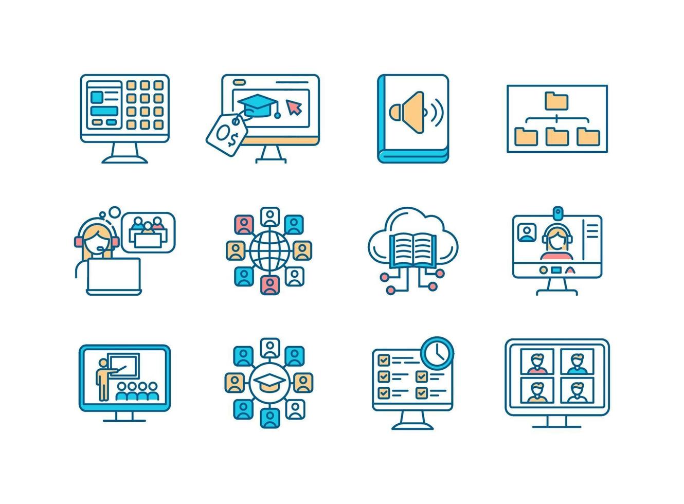 afstandsonderwijs RGB-kleur iconen set vector