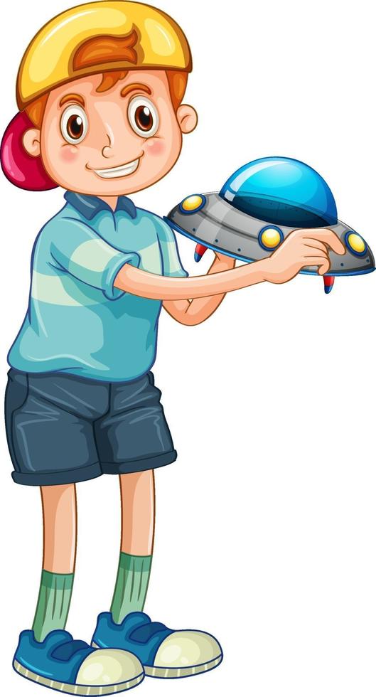 een jongen die ufo speelgoed stripfiguur houdt geïsoleerd op een witte achtergrond vector