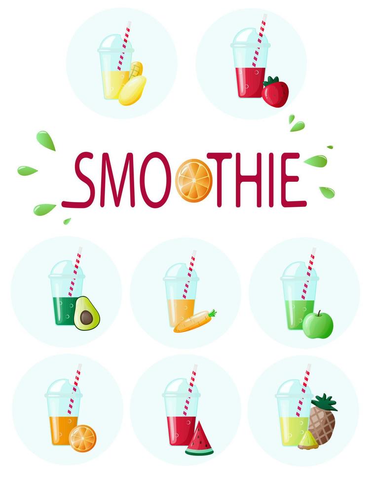 kleurrijk smoothie icoon reeks met fruit en bessen. ontgiften eetpatroon vector illustratie. wortel, avocado, aardbei, mango, watermeloen, ananas, oranje schudden sap.