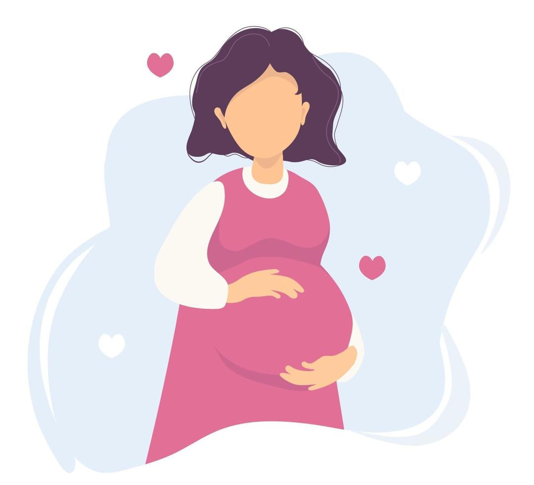 moederschap. gelukkige zwangere vrouw in een roze jurk hugs zachtjes haar buik met haar handen. vector illustratie. een blauwe achtergrond met hartjes. vlakke afbeelding karakter - gelukkige zwangerschap