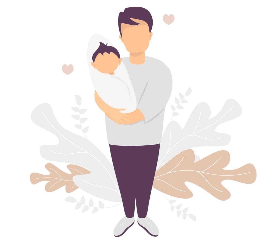 gelukkige vader. een man staat vol met een pasgeboren baby in zijn armen. tegen de achtergrond van een van tropische bladeren en planten. vector illustratie. gelukkig gezin - jonge vader en baby