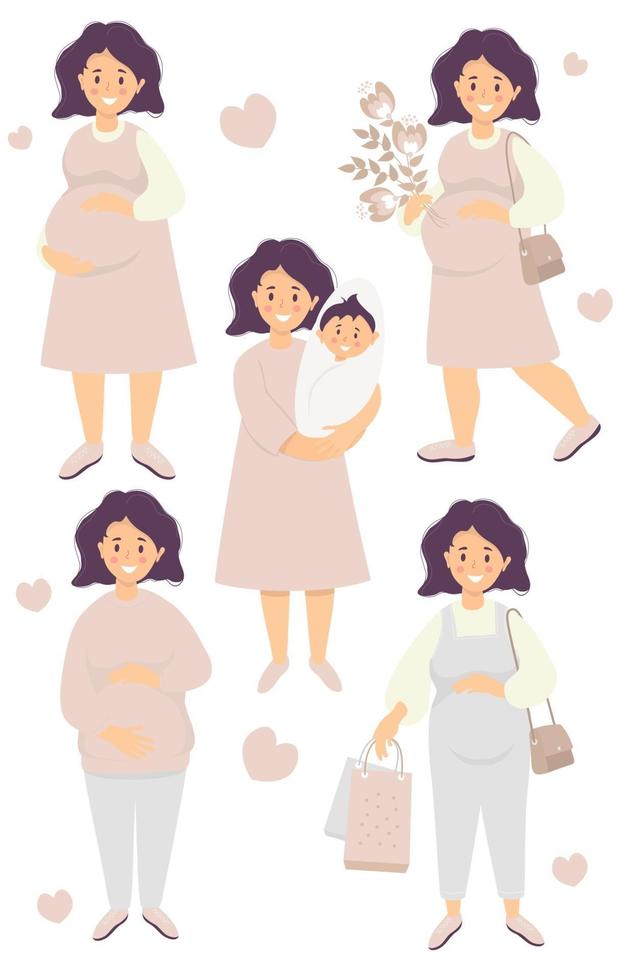 vector set van moederschap en zwangerschap. gelukkige zwangere vrouw knuffelt haar buik met haar handen, met een boeket bloemen, met een pasgeboren baby, tassen, in een jurk en een broek. vlakke afbeelding